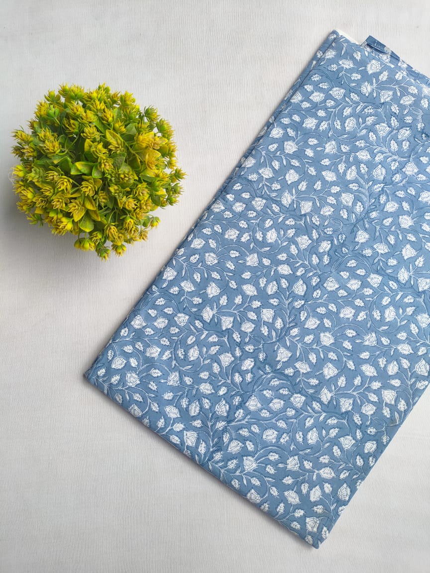 Blue Floral Sanganeri Block Print Cotton Fabric From Tulsi Prints