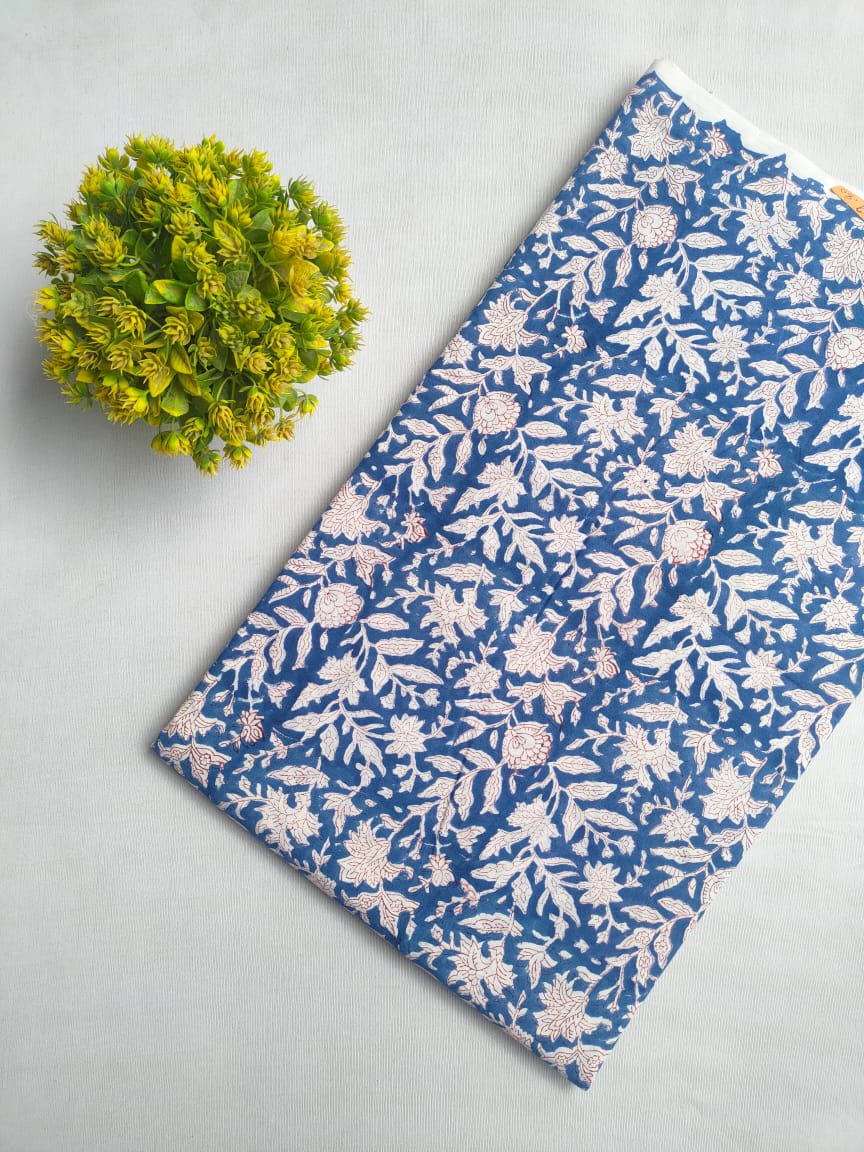 Navy Blue Floral Sanganeri Hand Block Print Cotton Fabric From Tulsi Prints
