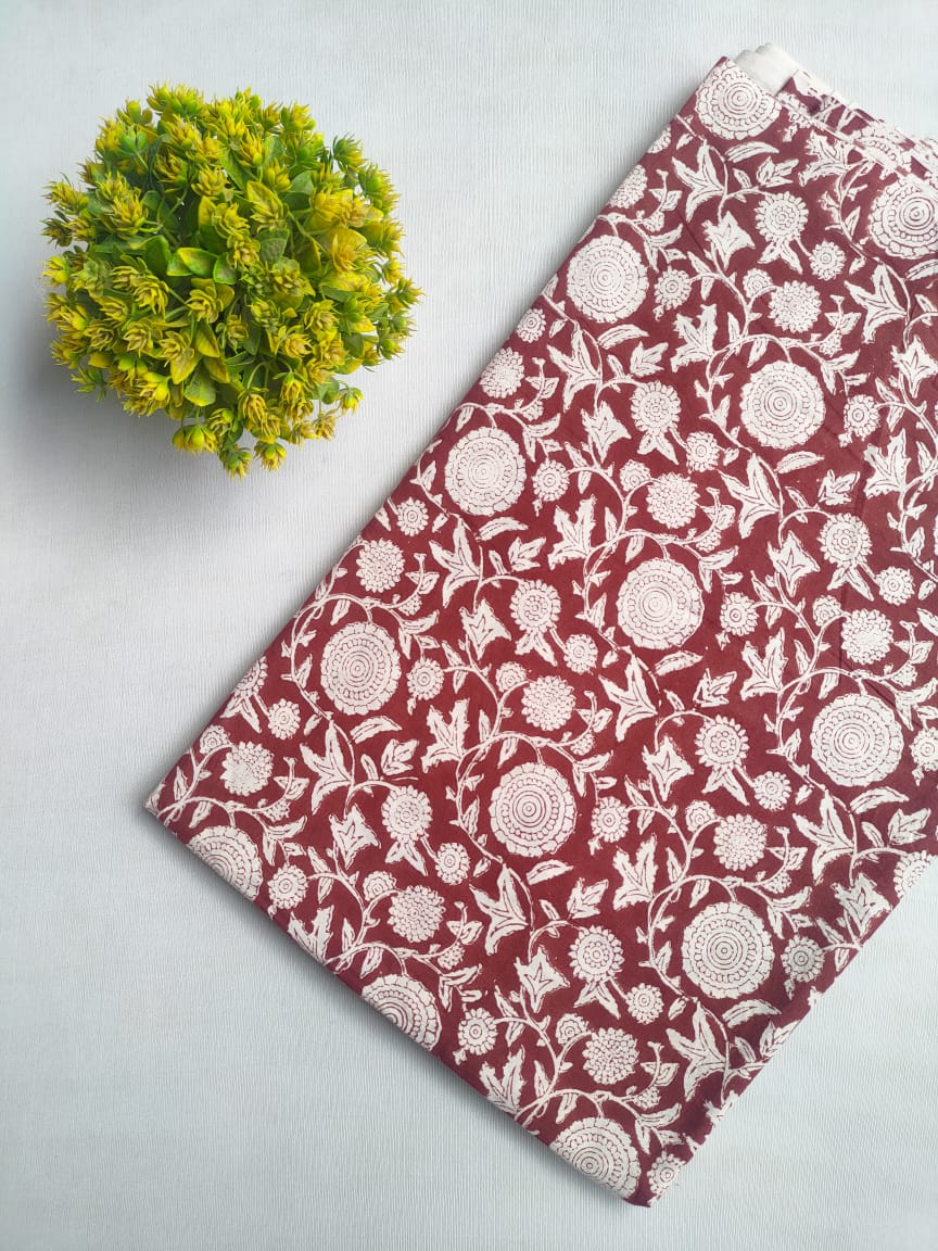 Maroon Floral Sanganeri Hand Block Print Cotton Fabric From Tulsi Prints