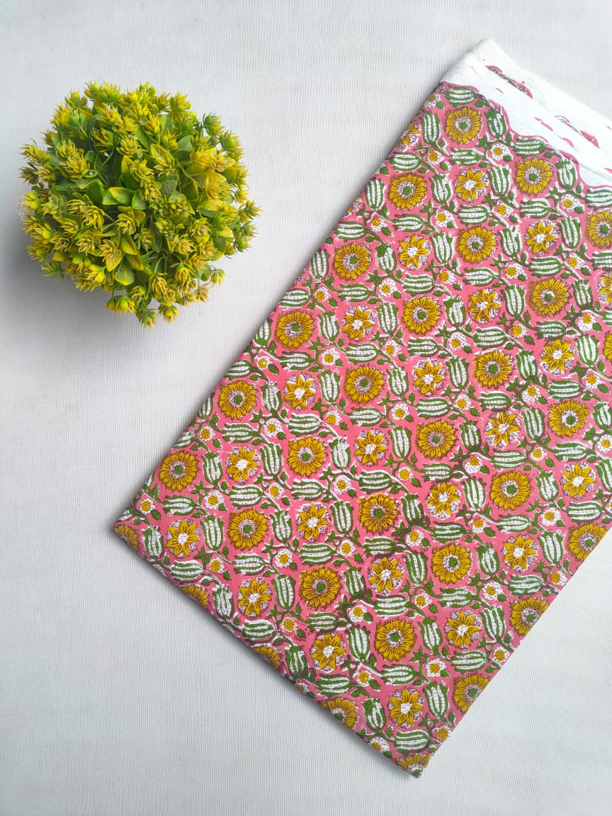 Pink Floral Sanganeri Hand Block Print Cotton Fabric From Tulsi Prints