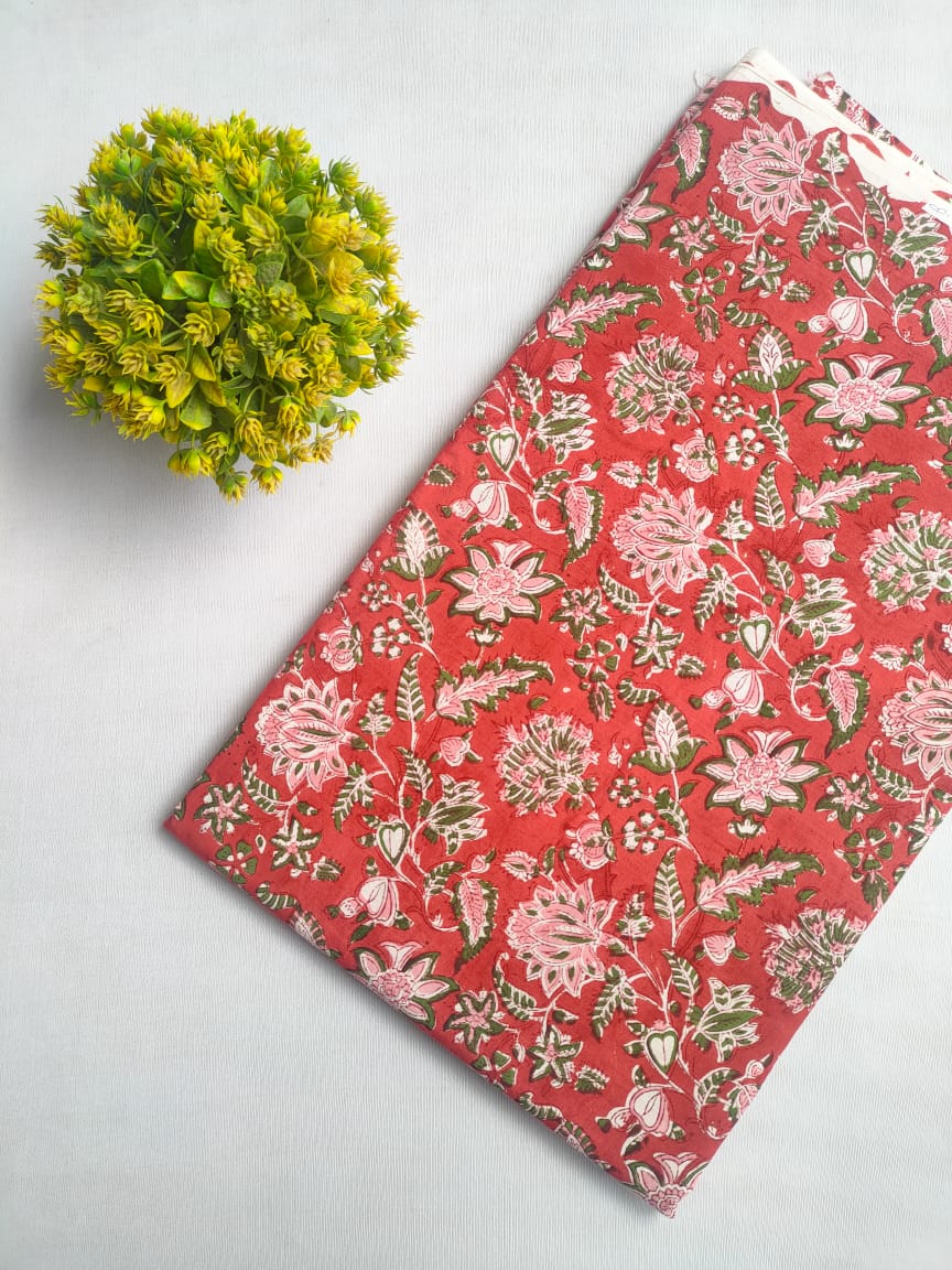 Red Floral Sanganeri Block Print Cotton Fabric From Tulsi Prints