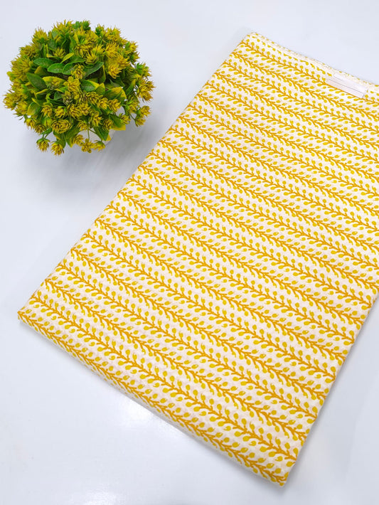 Yellow Leaf Vine Sanganeri Block Print Pure Cotton Fabric From Tulsi Prints