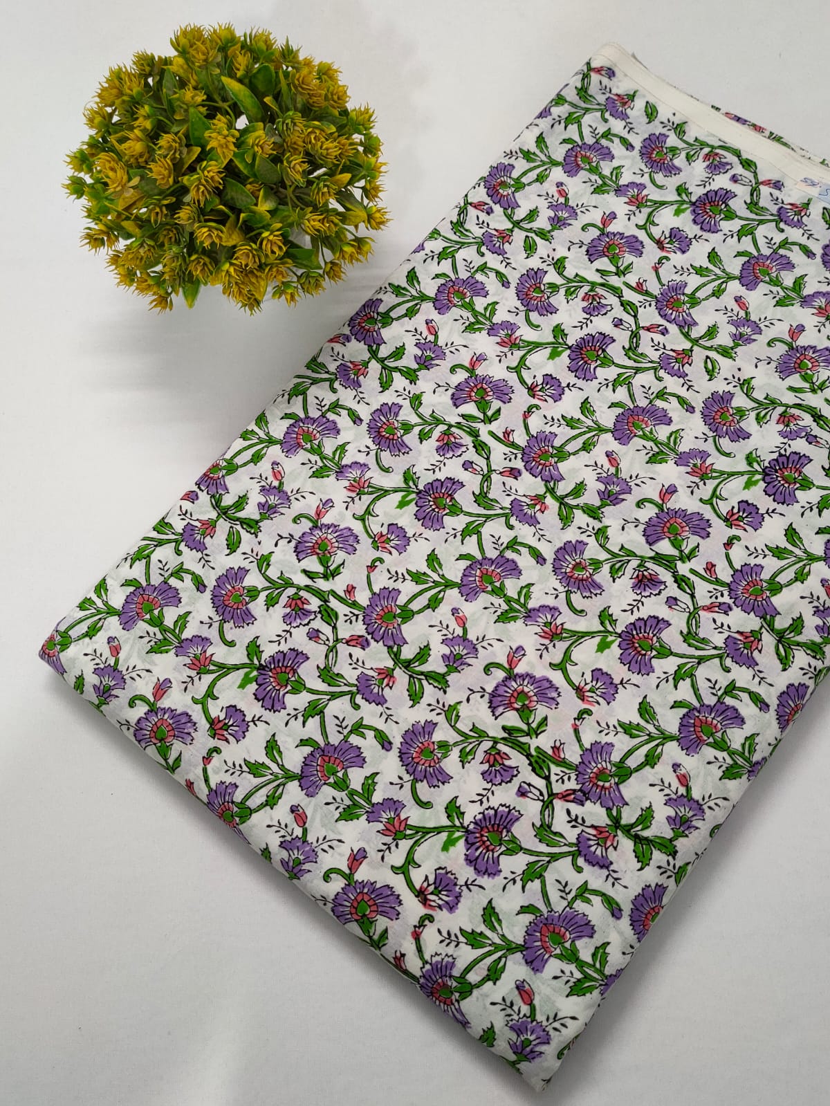 White Floral Sanganeri Hand Block Print Cotton Fabric From Tulsi Prints