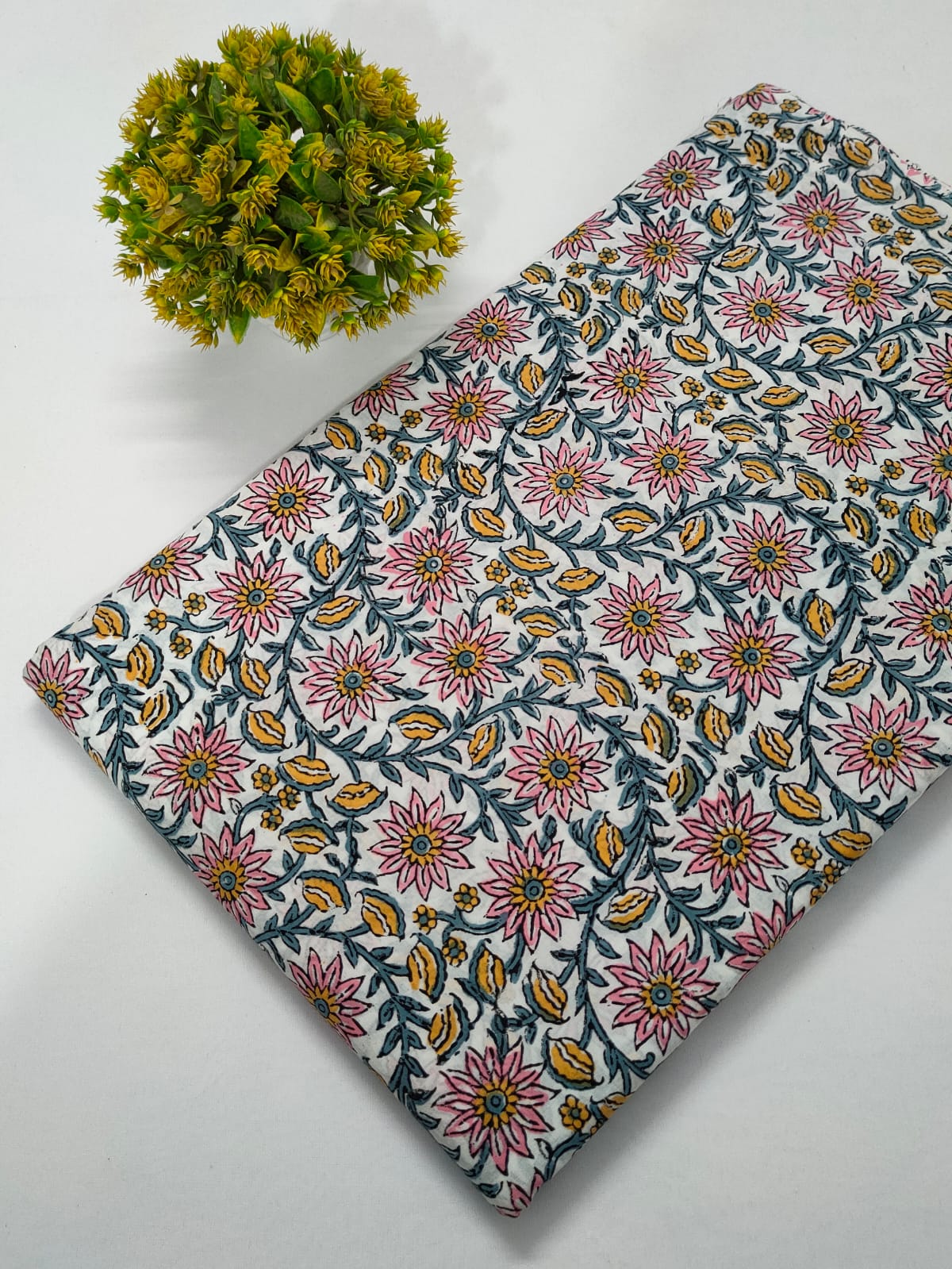 White Floral Sanganeri Hand Block Print Cotton Fabric From Tulsi Prints