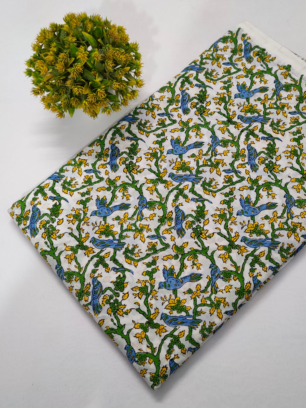 White Floral Vine Sanganeri Hand Block Print Cotton Fabric From Tulsi Prints