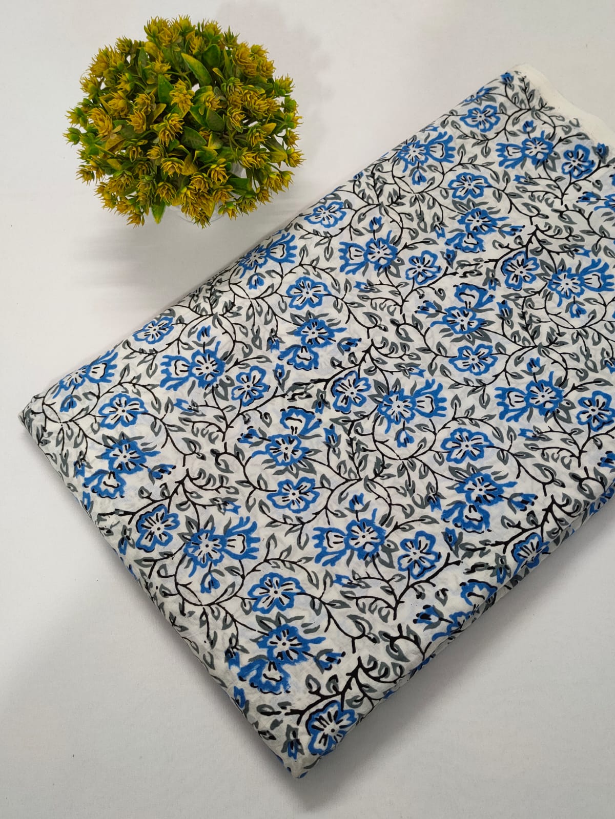 White Floral Sanganeri Hand Block Print Cotton Fabric From Tulsi Prints