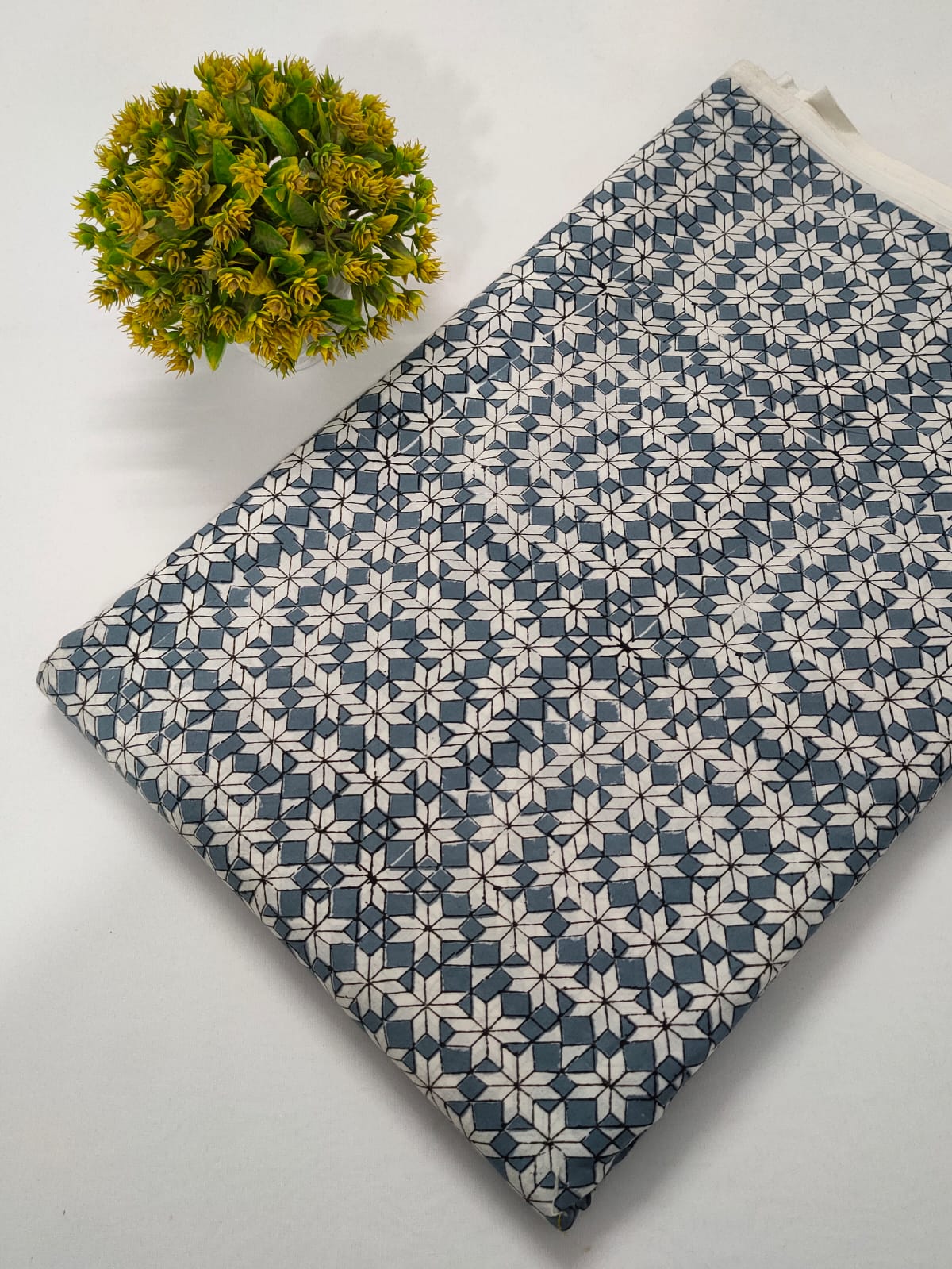 Blue Geometric Sanganeri Block Print Pure Cotton Fabric From Tulsi Prints