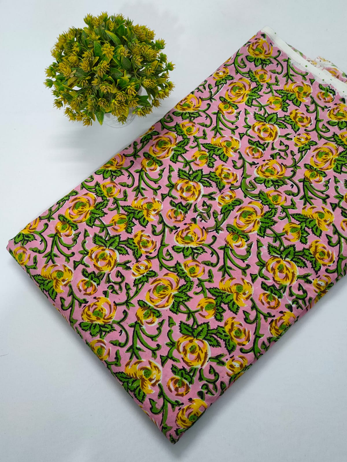 Pink Floral Sanganeri Hand Block Print Pure Cotton Fabric From Tulsi Prints