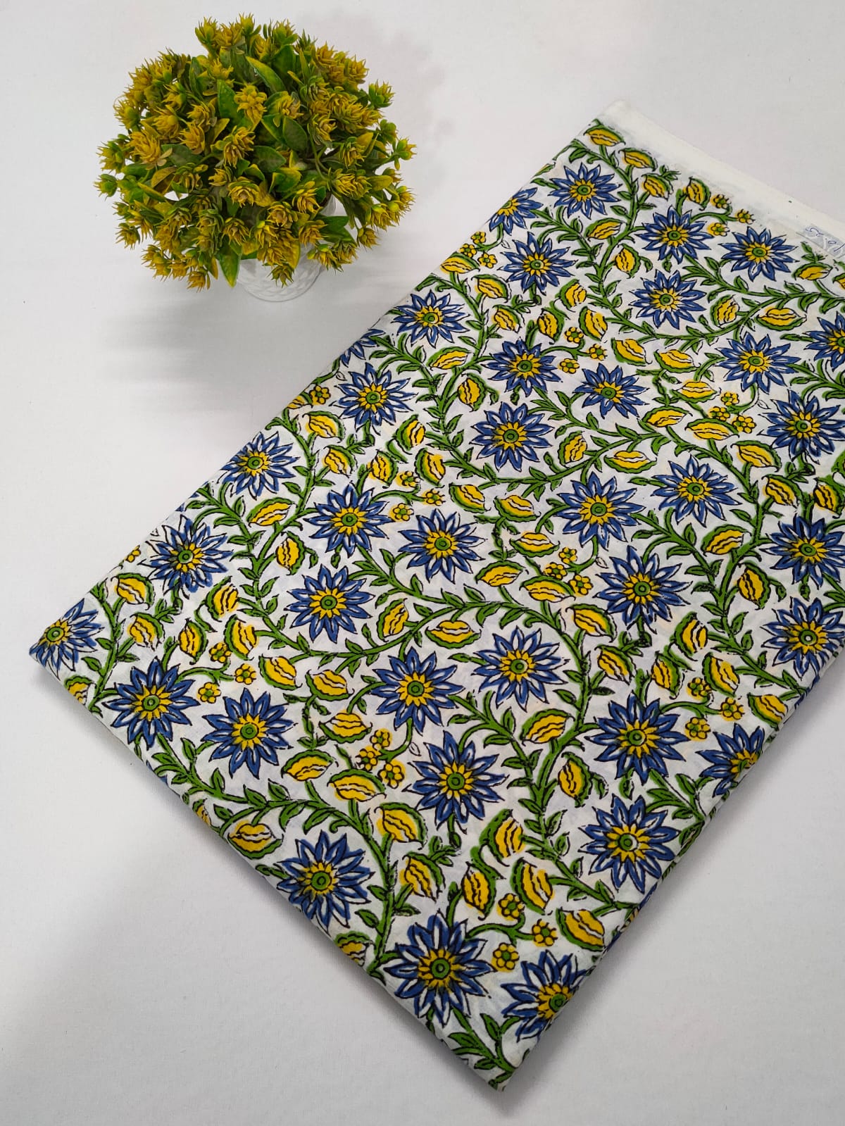 White Blue Floral Sanganeri Hand Block Print Cotton Fabric From Tulsi Prints