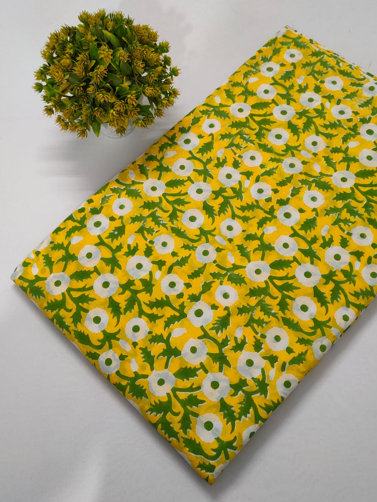 Yellow Floral Sanganeri Block Print Pure Cotton Fabric From Tulsi Prints