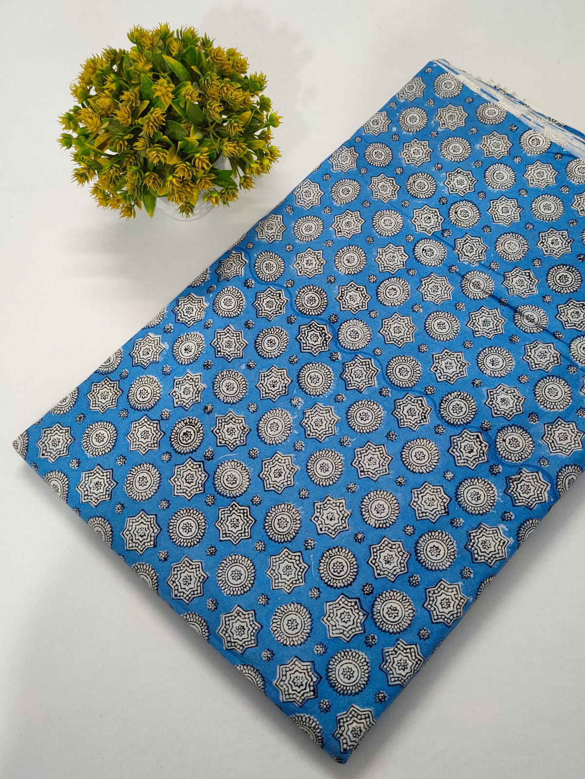 Blue Geometric Sanganeri Block Print Pure Cotton Fabric From Tulsi Prints