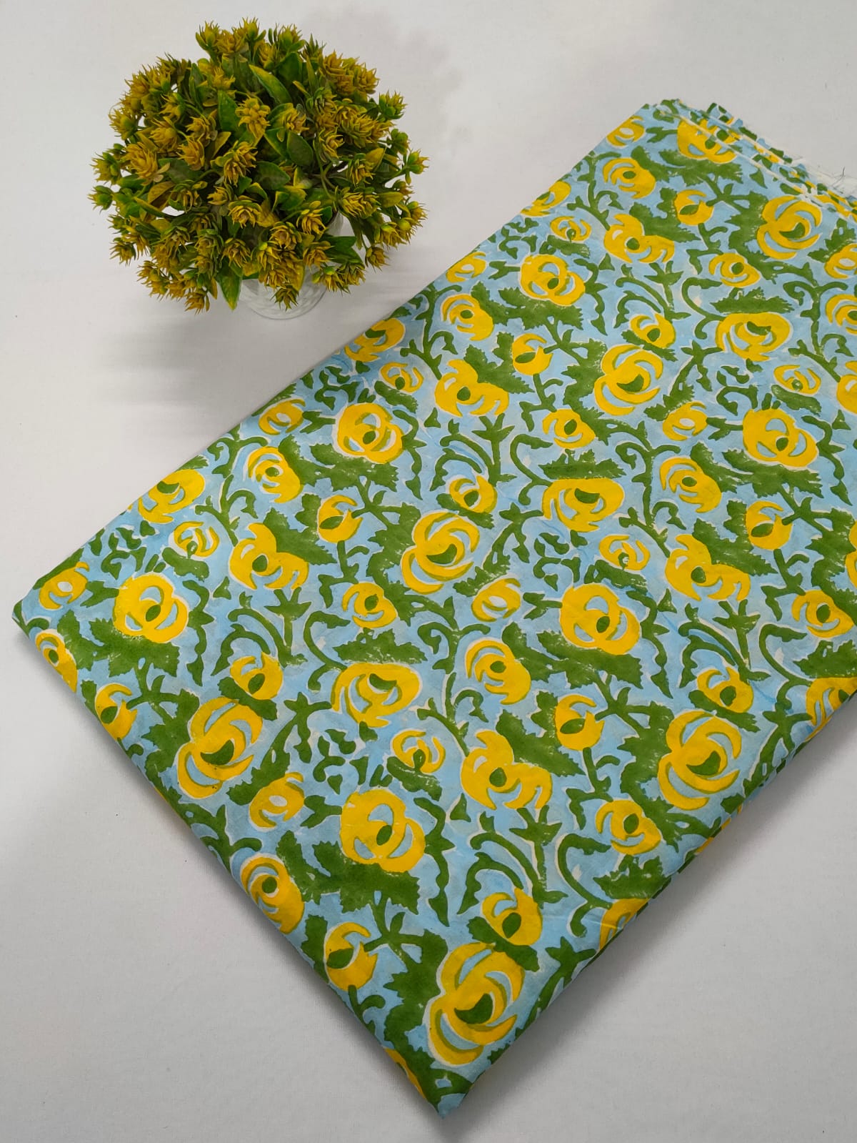 Light Blue Floral Sanganeri Hand Block Print Cotton Fabric From Tulsi Prints