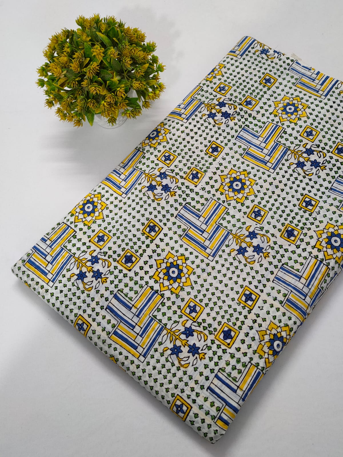White Geometric Sanganeri Block Print Pure Cotton Fabric From Tulsi Prints