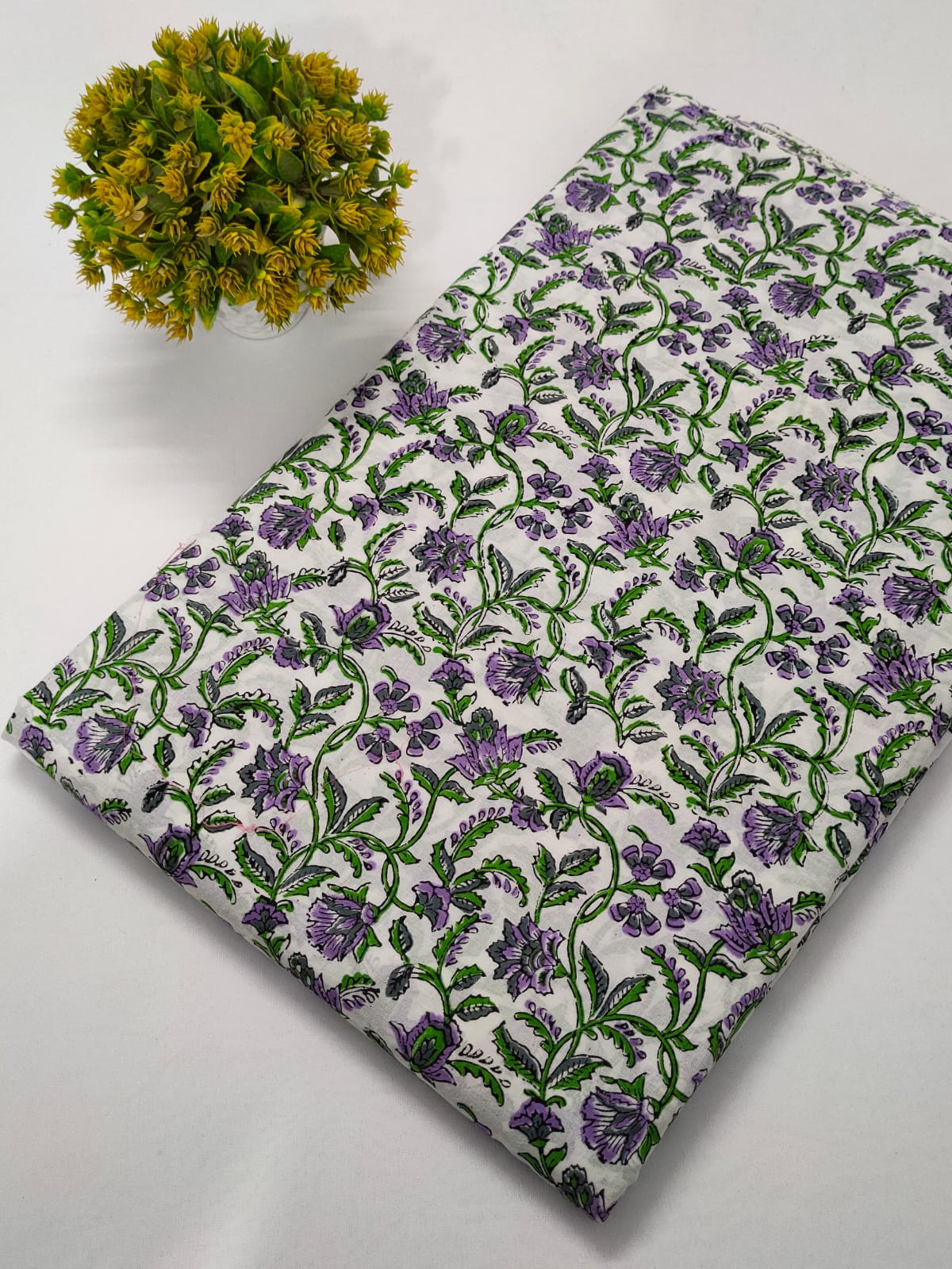 White Floral Sanganeri Hand Block Print Cotton Fabric From Tulsi Prints