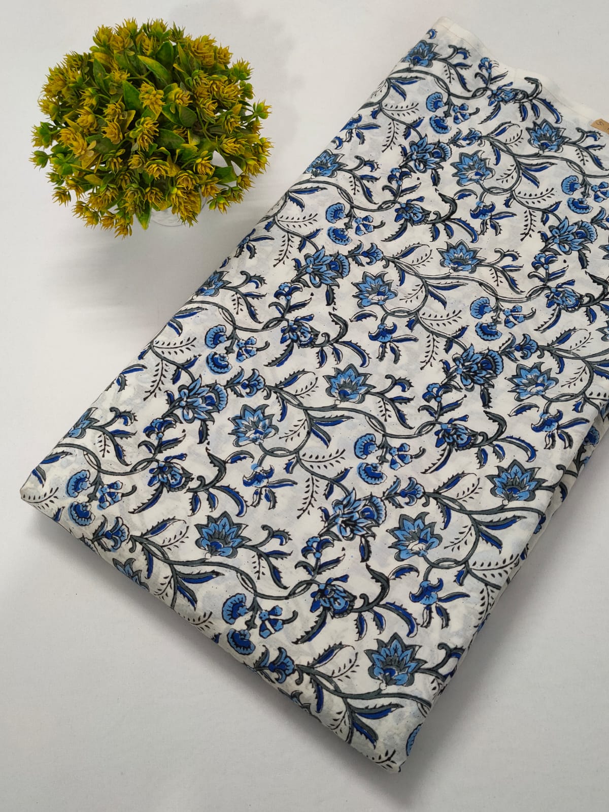 White Floral Sanganeri Hand Block Print Cotton Fabric From Tulsi Prints