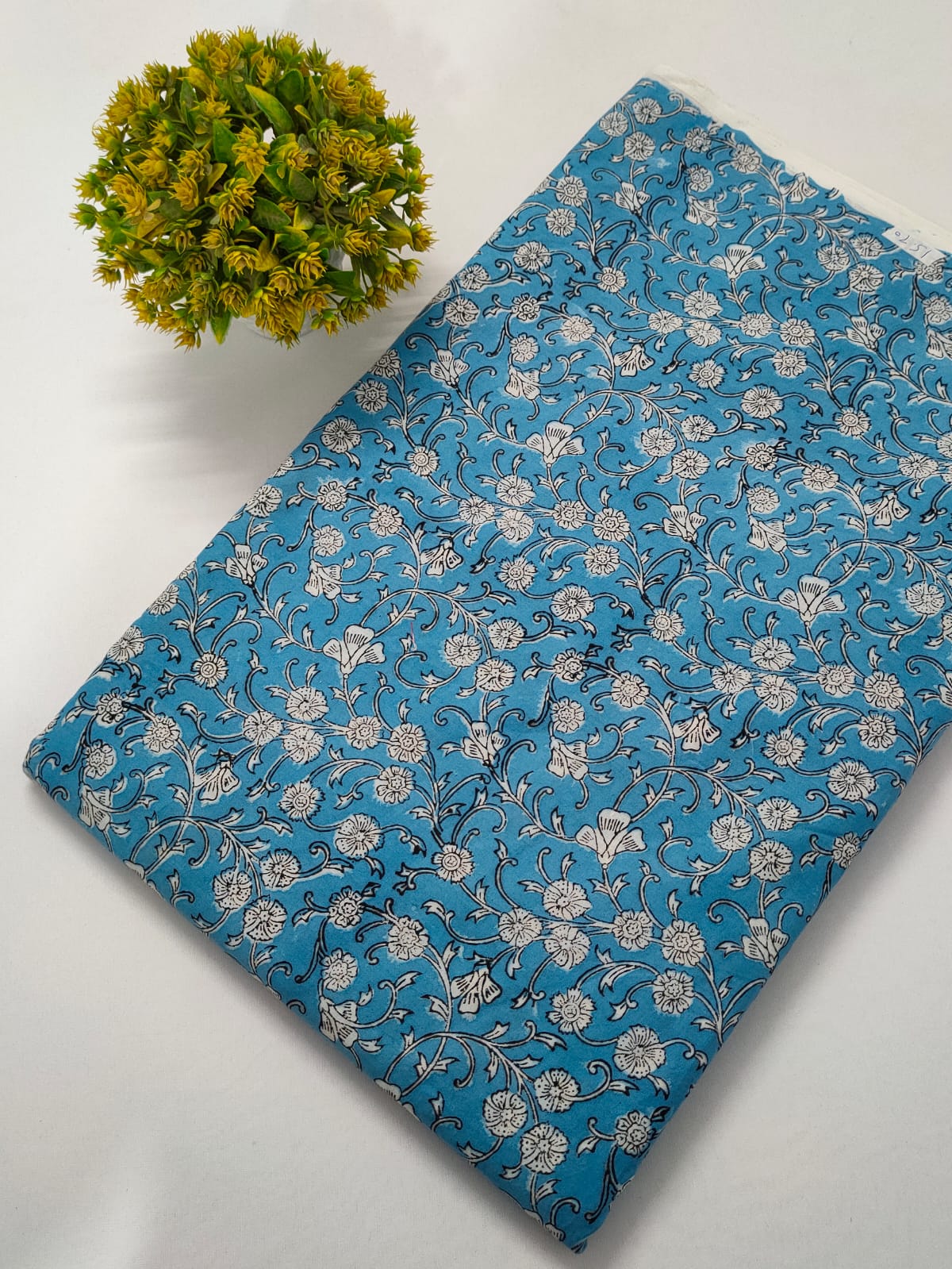 Turquoise Floral Sanganeri Hand Block Print Cotton Fabric From Tulsi Prints