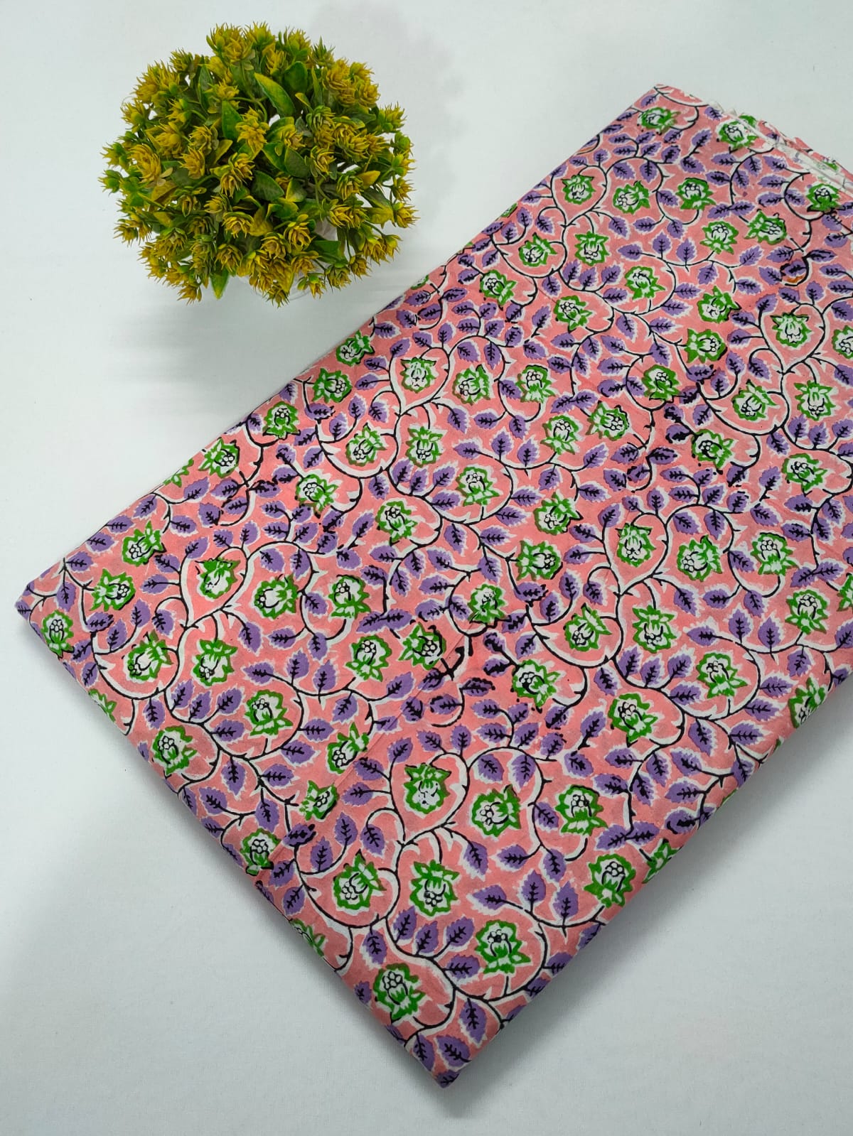 Pink Floral Sanganeri Hand Block Print Cotton Fabric From Tulsi Prints