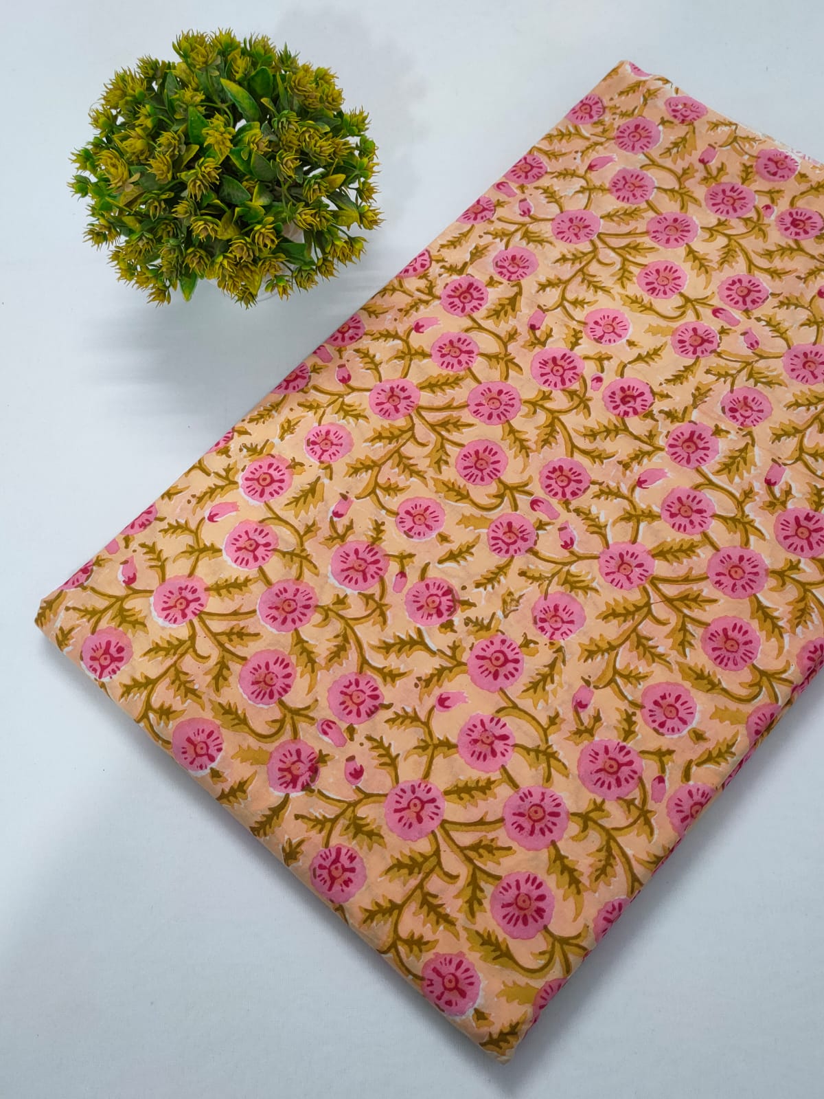 Peach Floral Sanganeri Hand Block Print Cotton Fabric From Tulsi Prints