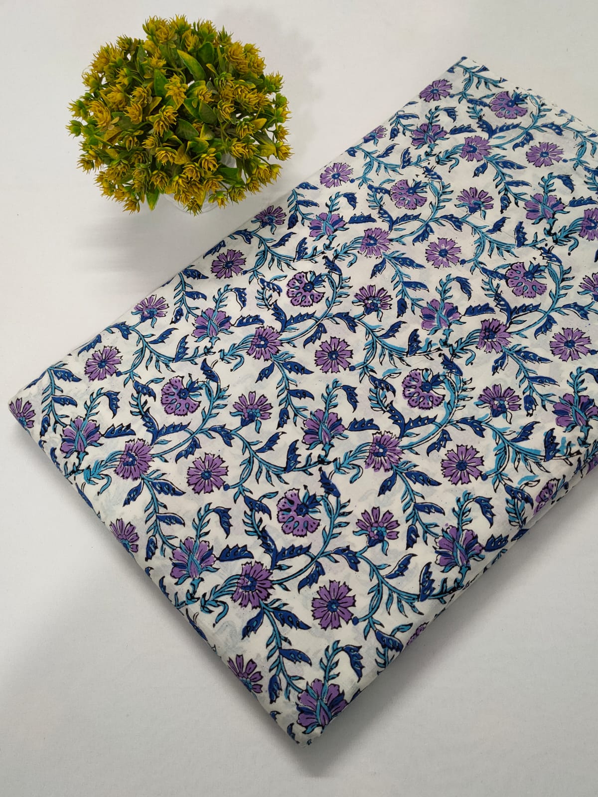 White Floral Sanganeri Hand Block Print Cotton Fabric From Tulsi Prints