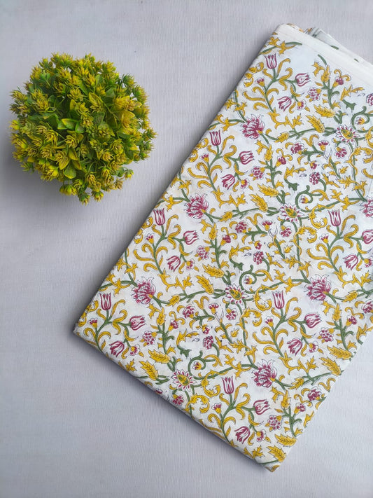 White Floral Sanganeri Block Print Cotton Fabric From Tulsi Prints