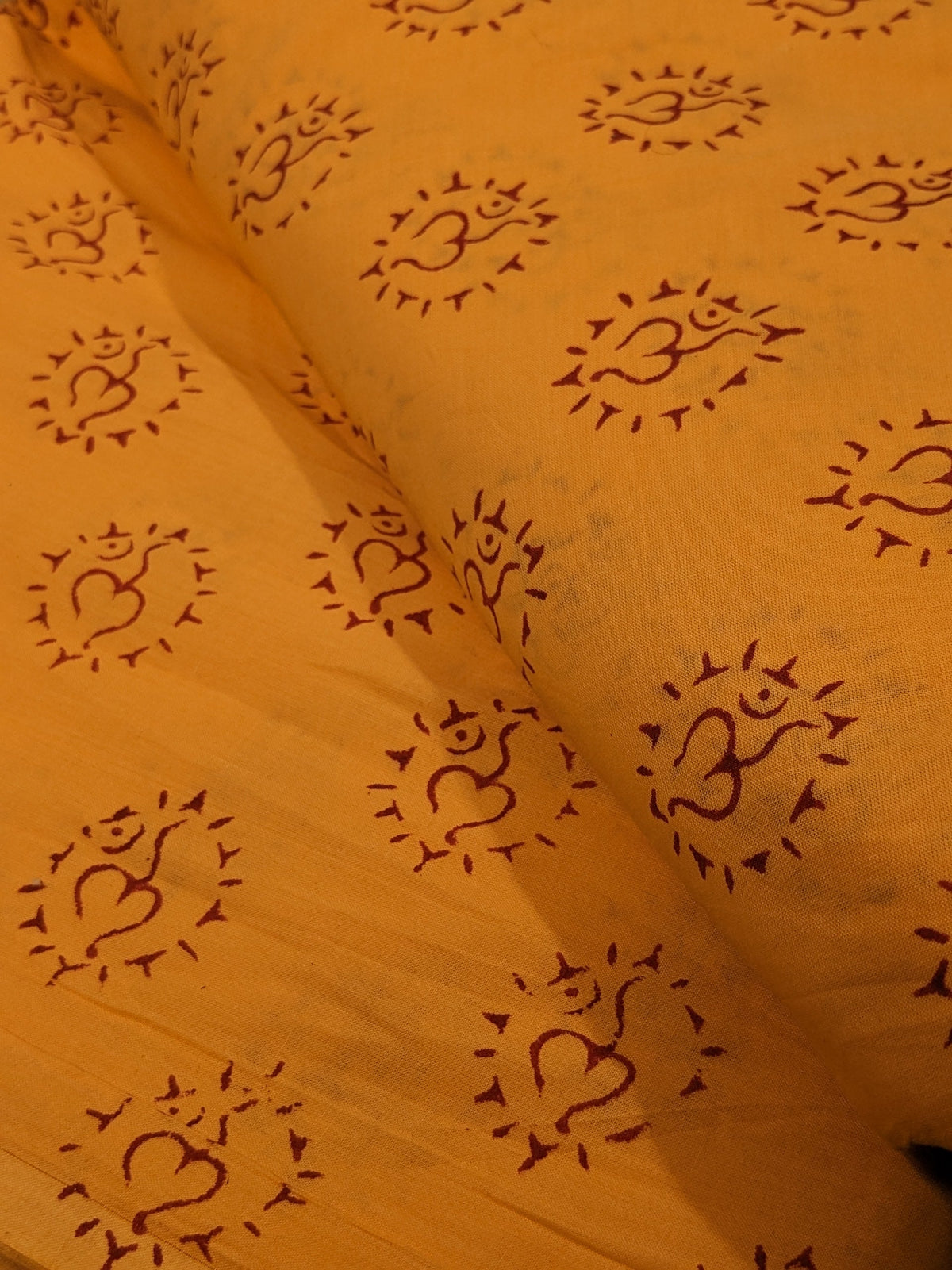 Mustard Yellow Om Motif Sanganeri Block Print Cotton Fabric From Tulsi Prints