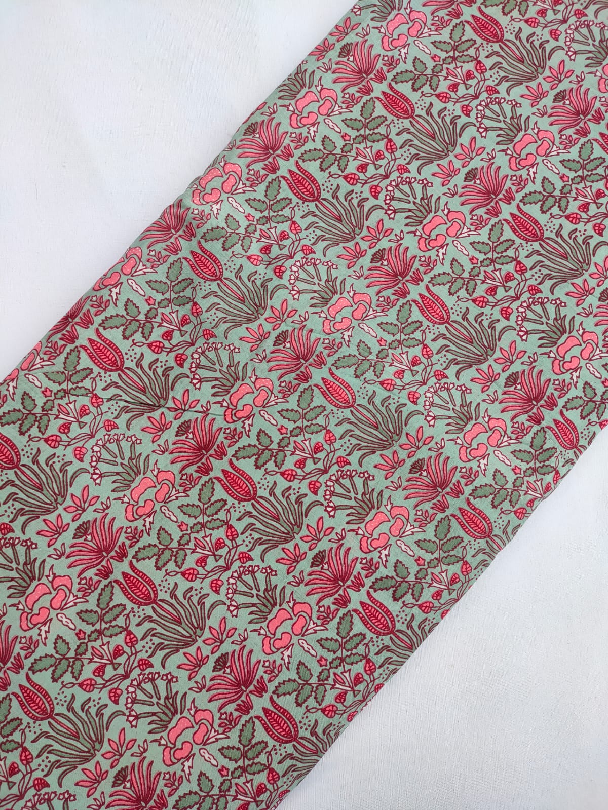 Mint Green Floral Vine Screen Print Pure Cotton Fabric From Tulsi Prints