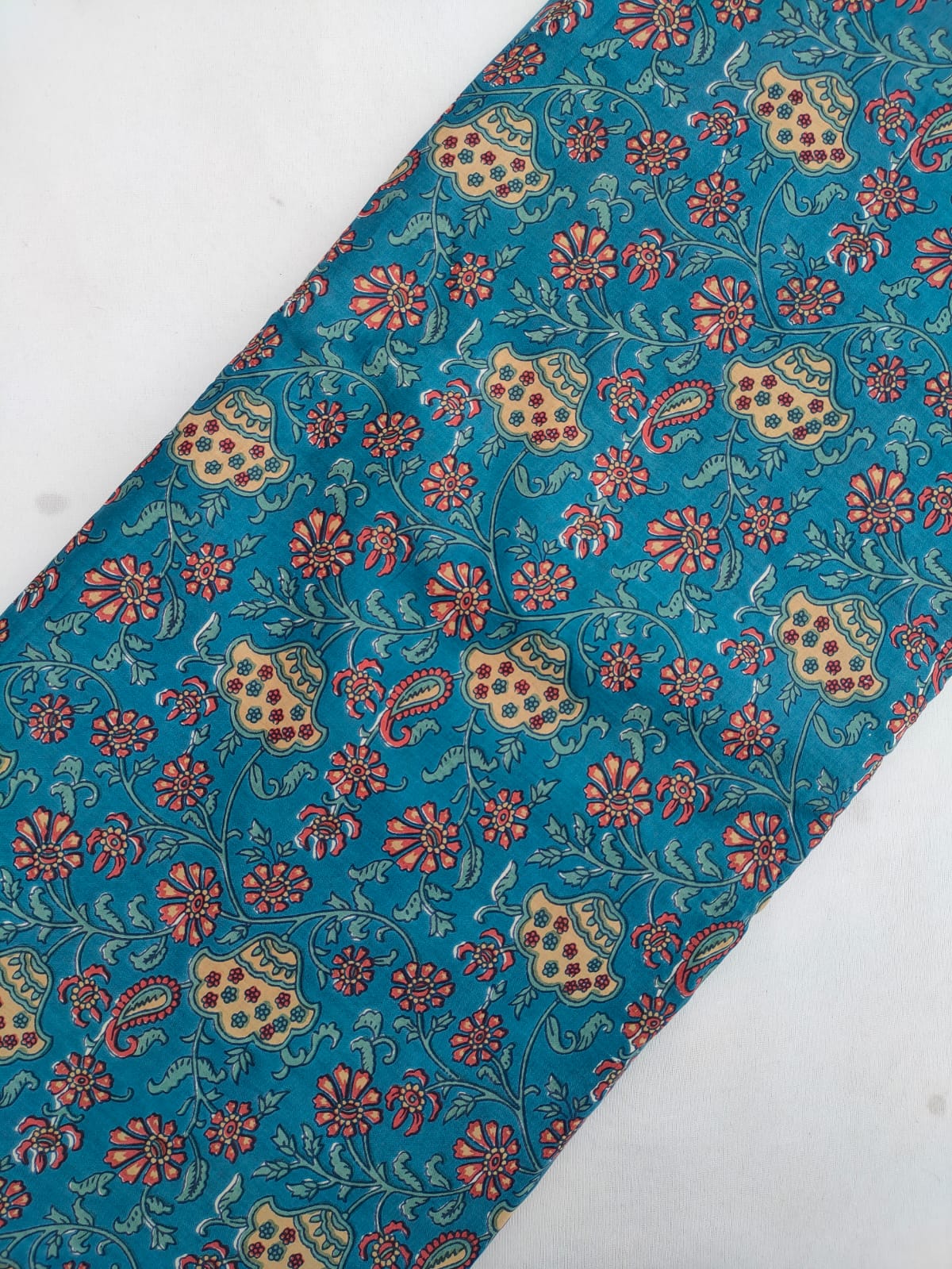 Teal Blue Floral Vine Screen Print Pure Cotton Fabric From Tulsi Prints