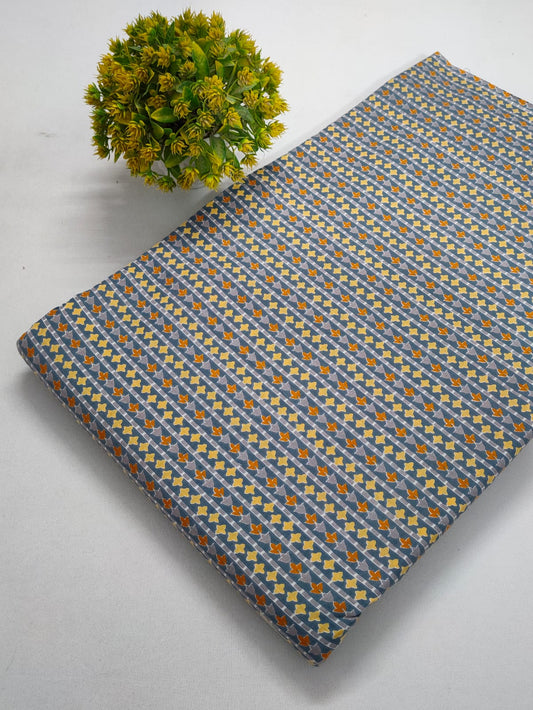 Grey Geometric Motif Screen Print Pure Cotton Fabric From Tulsi Prints