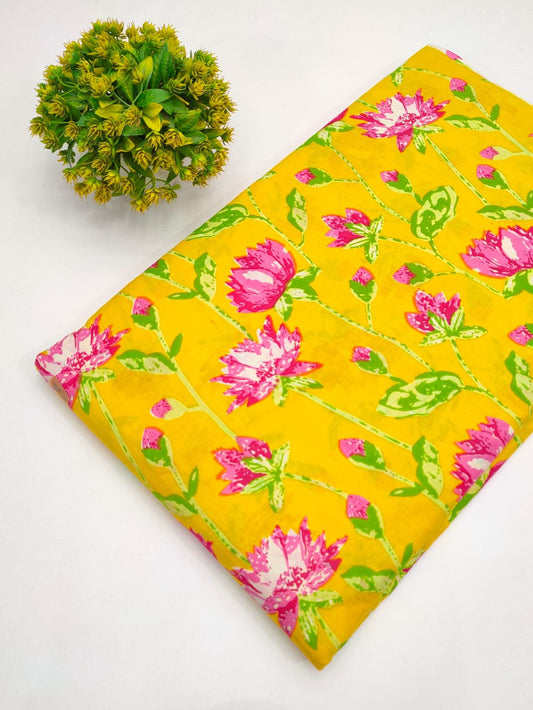 Yellow Lotus Floral Screen Print Pure Cotton Fabric From Tulsi Prints