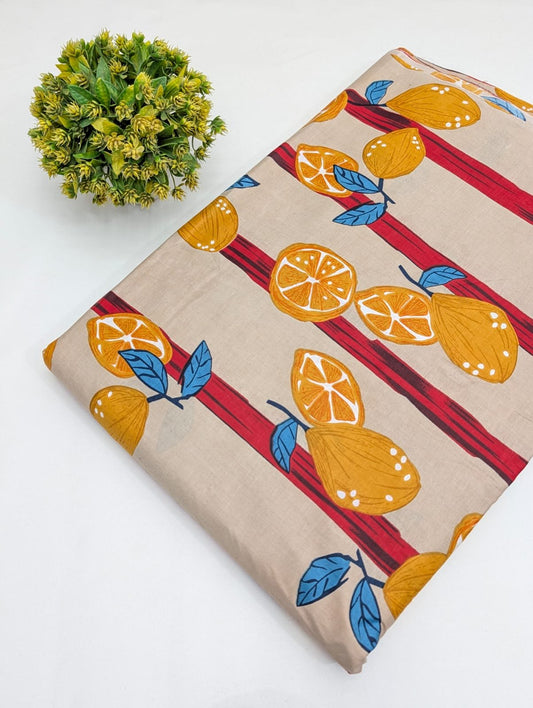 Beige Citrus Fruit Screen Print Pure Cotton Fabric From Tulsi Prints