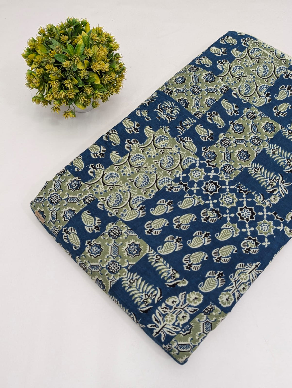 Indigo Blue and Olive Green Patchwork Floral Screen Print Pure Cotton Fabric From Tulsi Prints