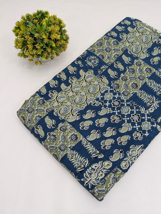 Indigo Blue and Olive Green Patchwork Floral Screen Print Pure Cotton Fabric From Tulsi Prints