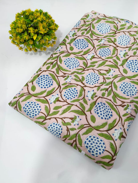 Pink Floral Screen Print Pure Cotton Fabric