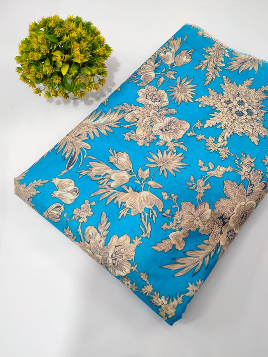 Turquoise Floral Screen Print Pure Cotton Fabric