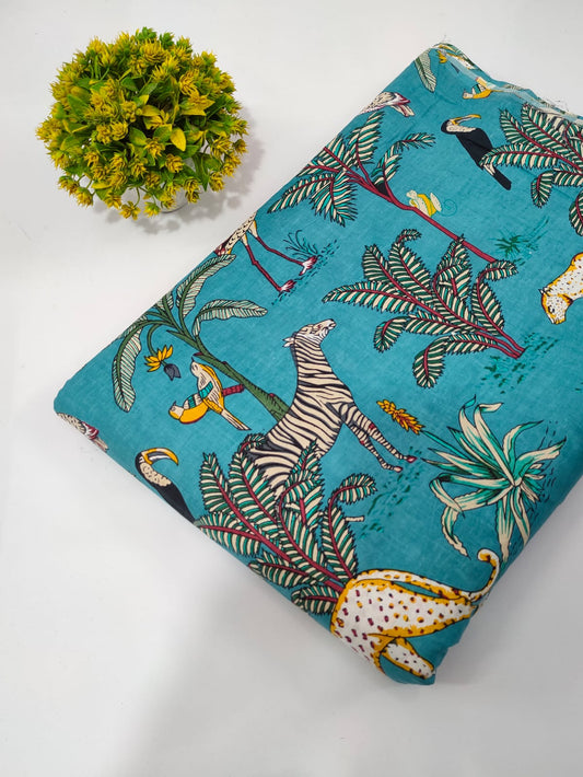 Turquoise Animal Motif Screen Print Pure Cotton Fabric