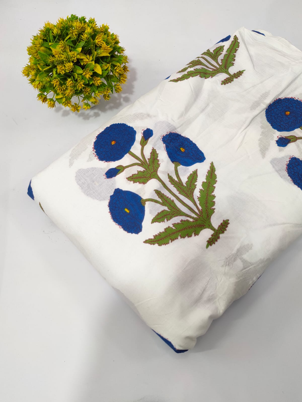 White Floral Screen Print Pure Cotton Fabric