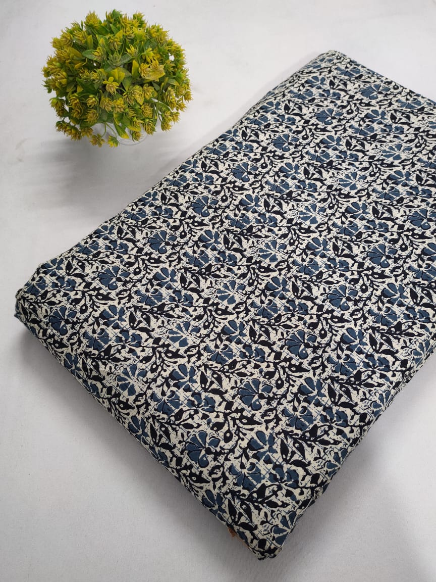 Navy Blue Floral Screen Print Pure Cotton Fabric From Tulsi Prints