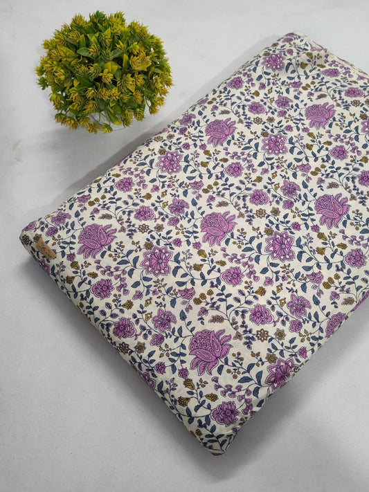 Cream Floral Screen Print Pure Cotton Fabric From Tulsi Prints
