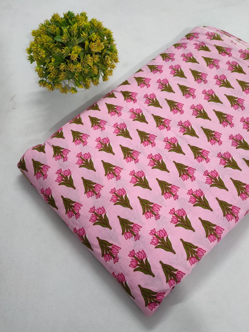 Pink Floral Screen Print Pure Cotton Fabric From Tulsi Prints