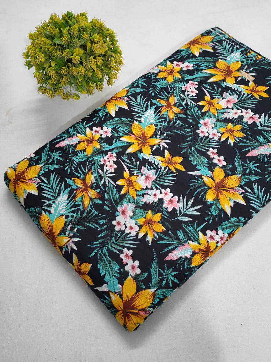 Black Tropical Floral Screen Print Pure Cotton Fabric From Tulsi Prints