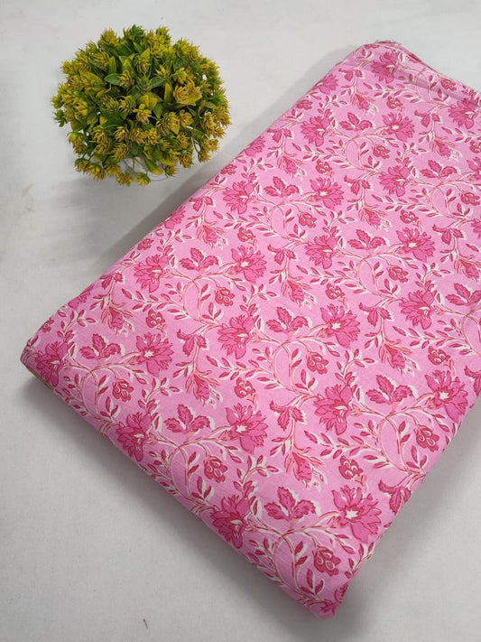 Pink Floral Screen Print Pure Cotton Fabric From Tulsi Prints