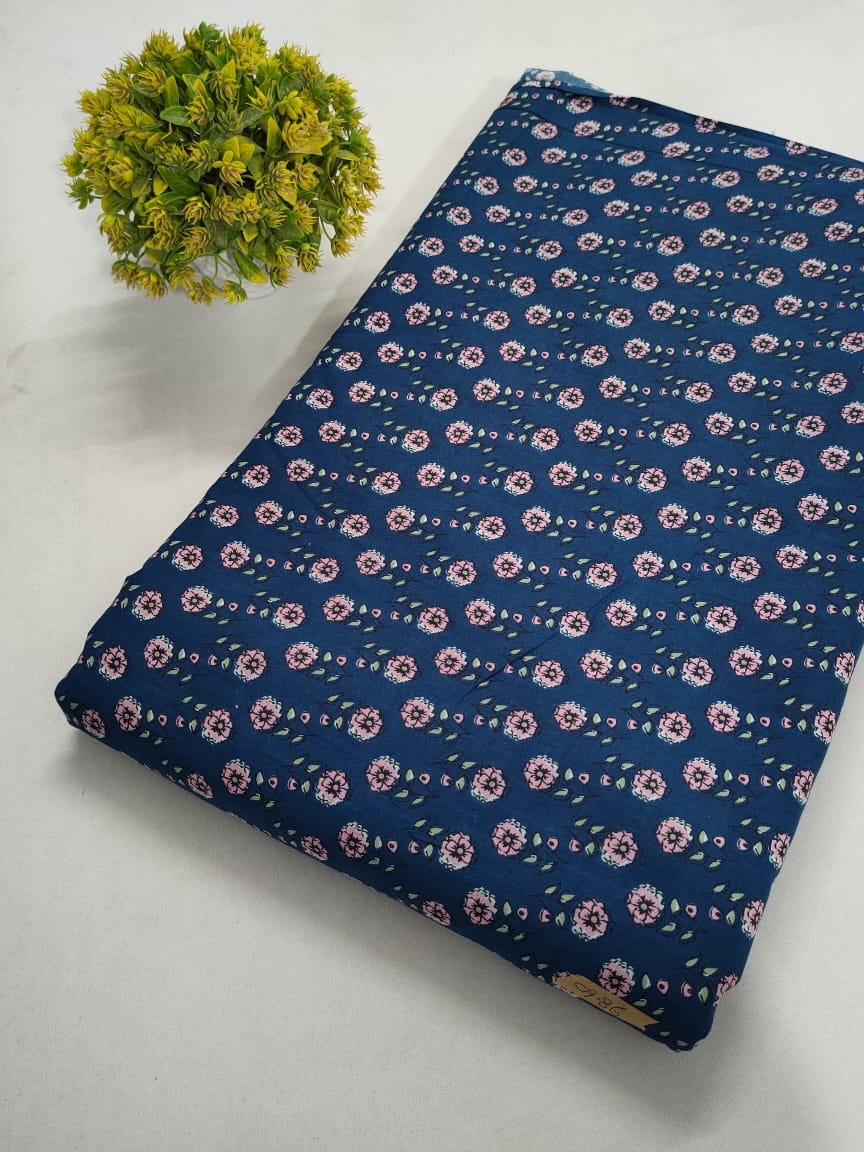 Navy Blue Floral Screen Print Pure Cotton Fabric From Tulsi Prints