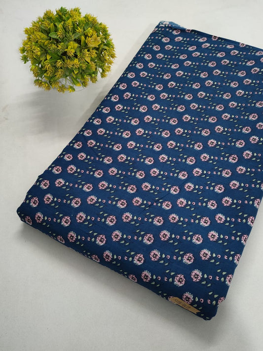 Navy Blue Floral Screen Print Pure Cotton Fabric From Tulsi Prints