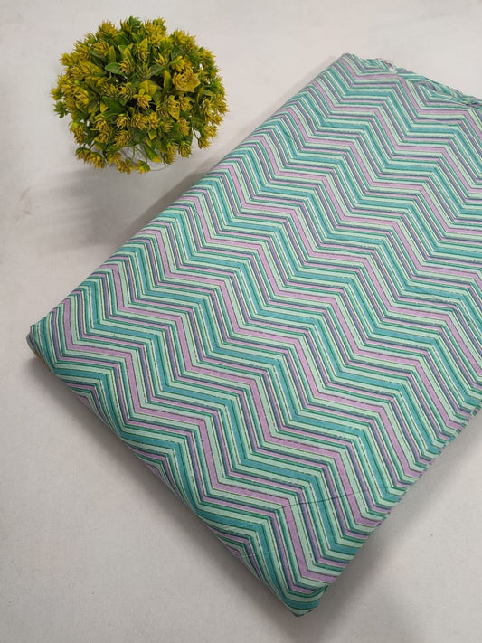 Mint Green Zigzag Screen Print Pure Cotton Fabric From Tulsi Prints