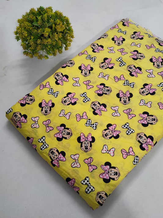 Yellow Mickey Mouse and Bow Pattern Screen Print Pure Cotton Fabric From Tulsi Prints