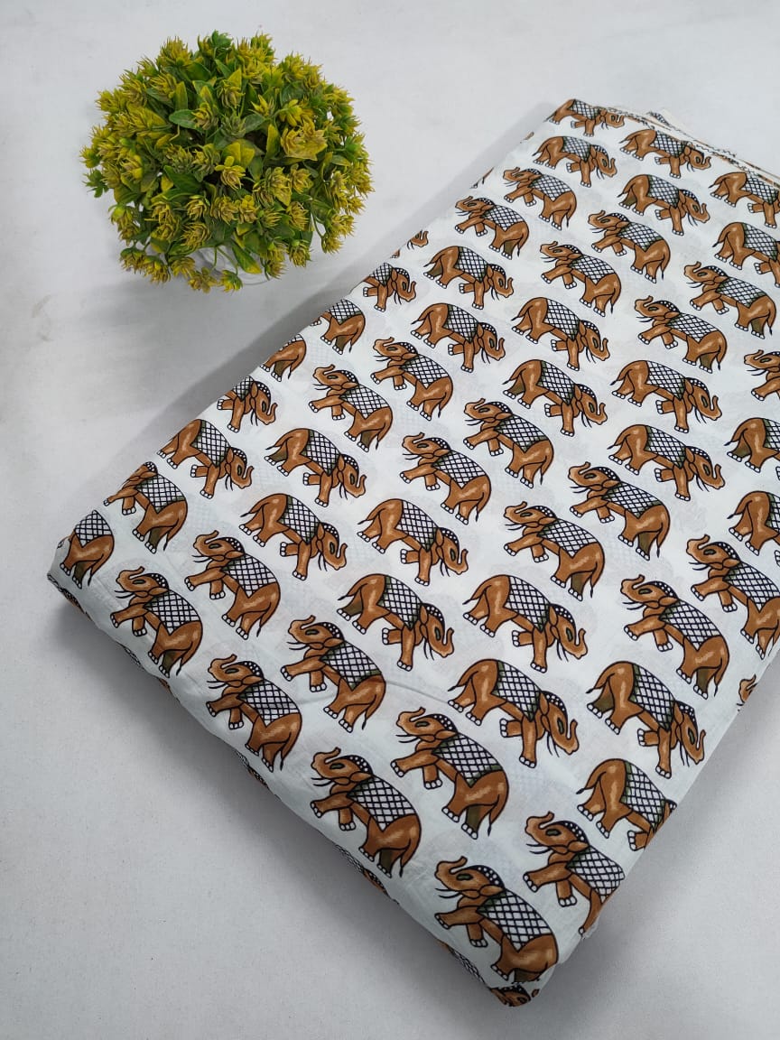 Brown Elephant Motif Screen Print Pure Cotton Fabric From Tulsi Prints
