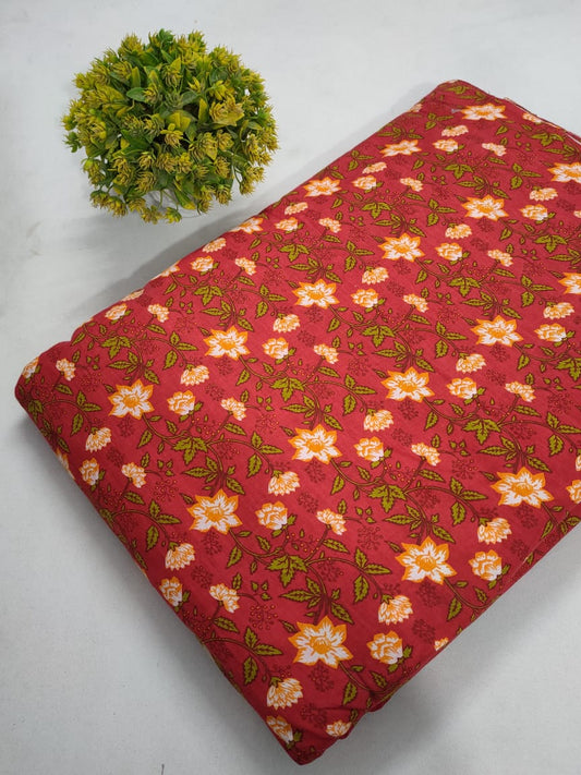 Red Floral Screen Print Pure Cotton Fabric From Tulsi Prints
