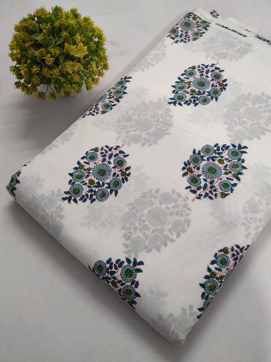 White Floral Screen Print Pure Cotton Fabric From Tulsi Prints
