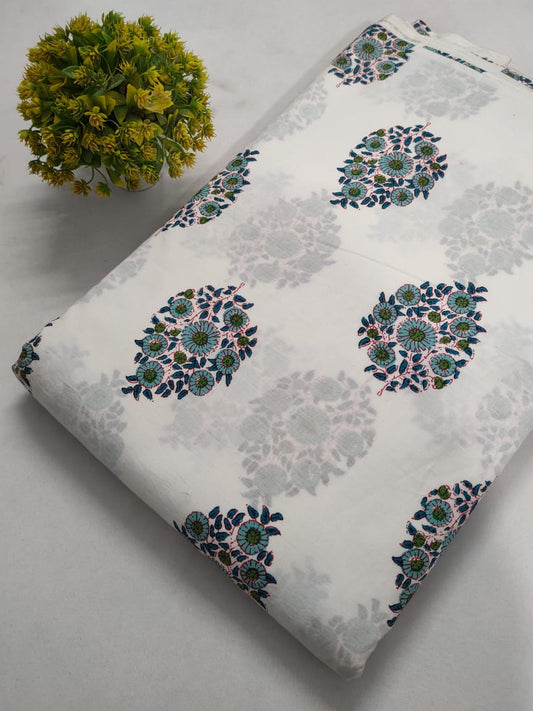 White Floral Screen Print Pure Cotton Fabric From Tulsi Prints