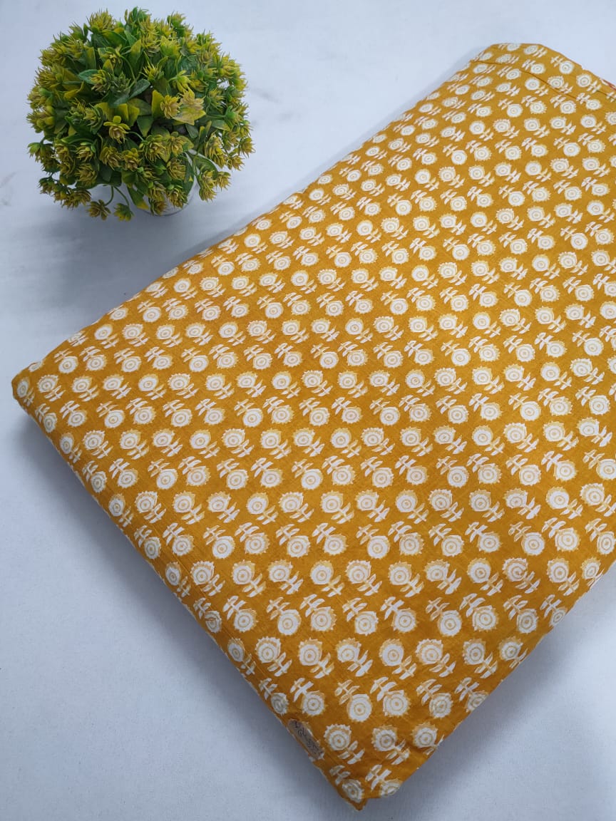Mustard Yellow Floral Screen Print Pure Cotton Fabric From Tulsi Prints